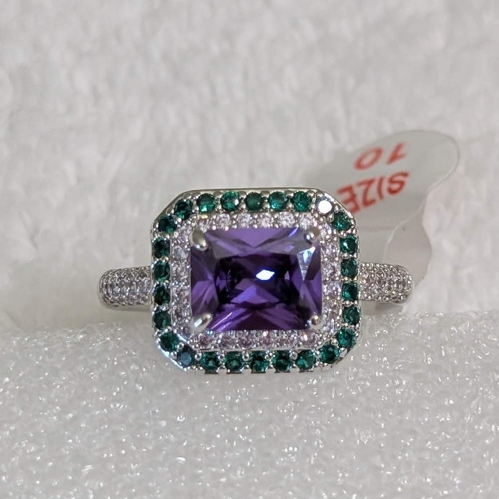 NWT Bomb Party LC Amethyst Emerald Sapphire Silver Plated Halo Style Sz 10 Ring
